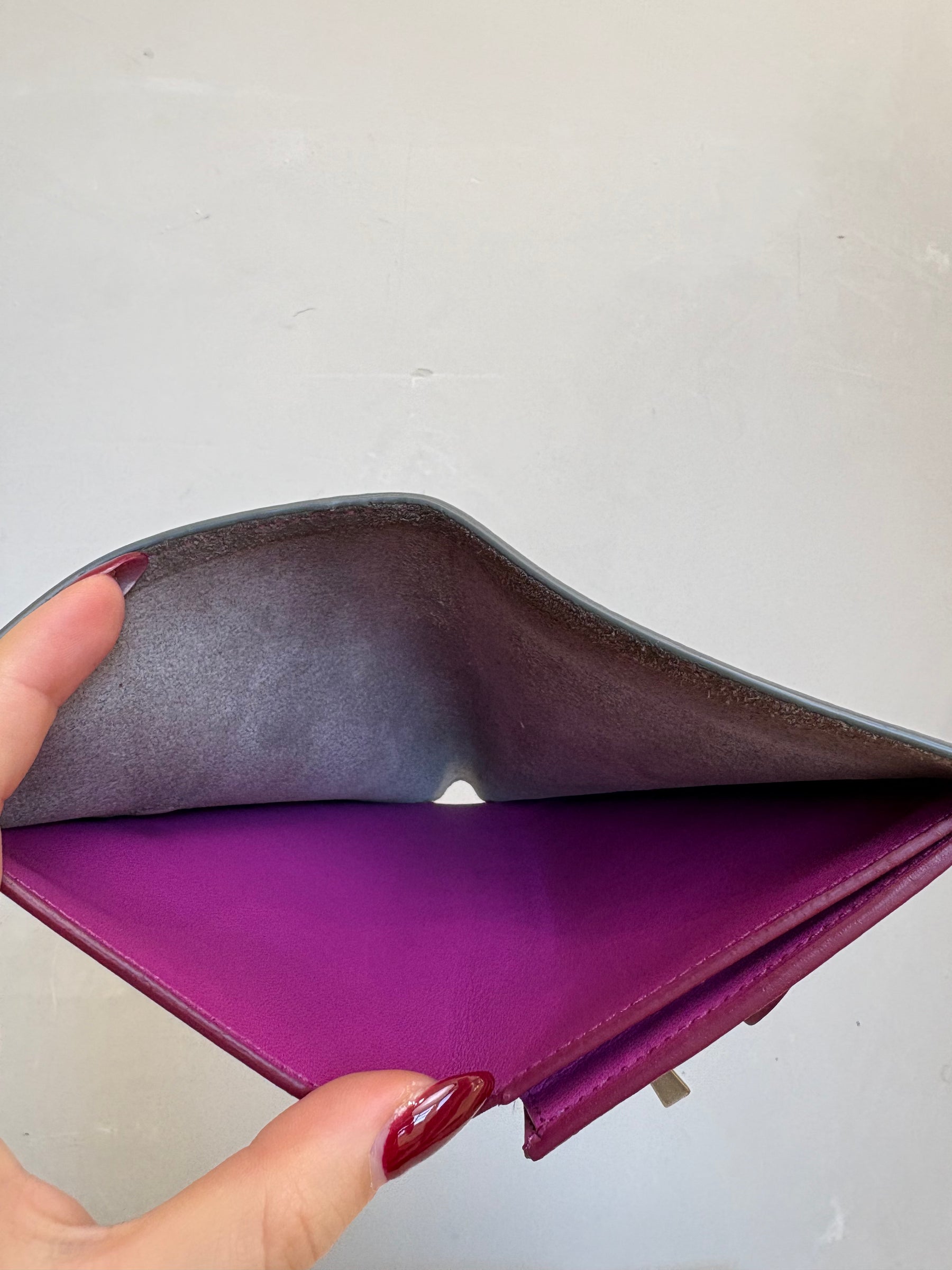 Celine Grey Grained Leather Flap Wallet with Magenta Interior