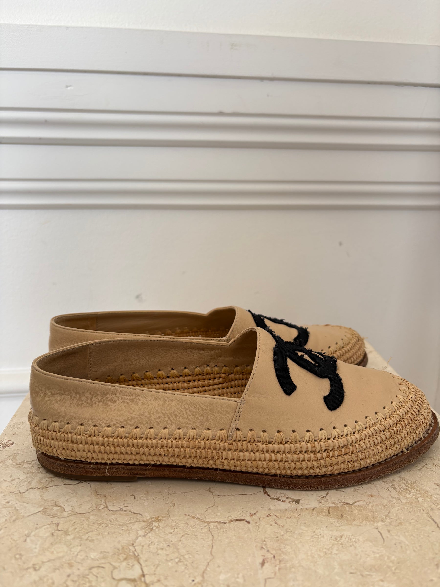 Chanel Beige Leather and Raffia Loafer, 37