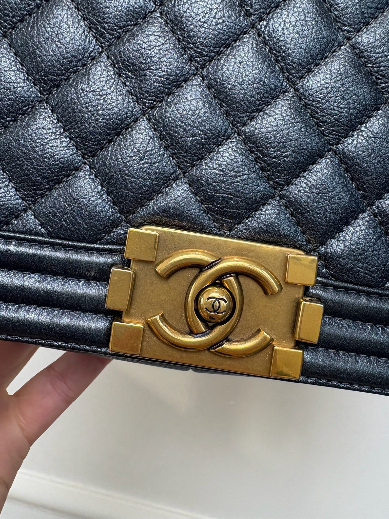 Chanel Charcoal Metallic Leather Old Medium Boy Bag