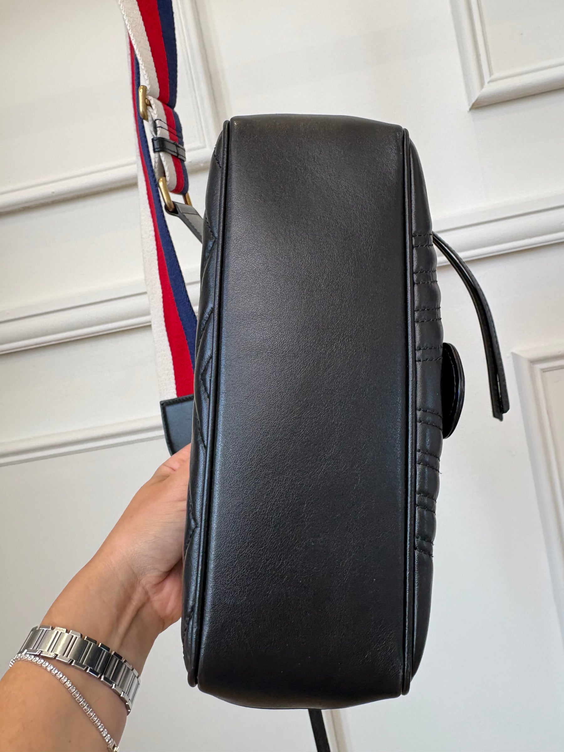 Gucci Black Chevron Leather Marmont Top Handle Satchel Bag