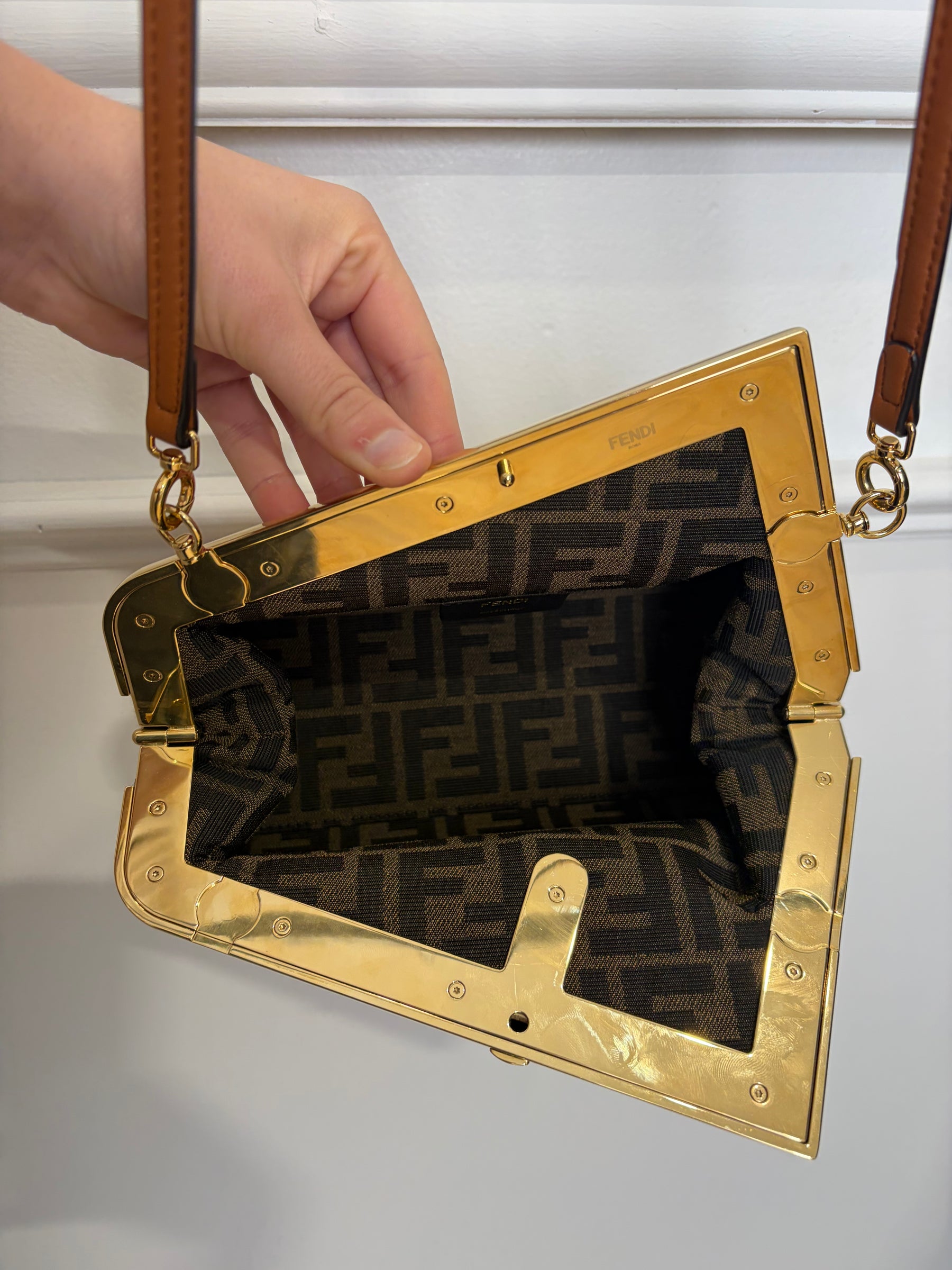 Fendi First Raffia and Tan Leather Small Crossbody Pouch