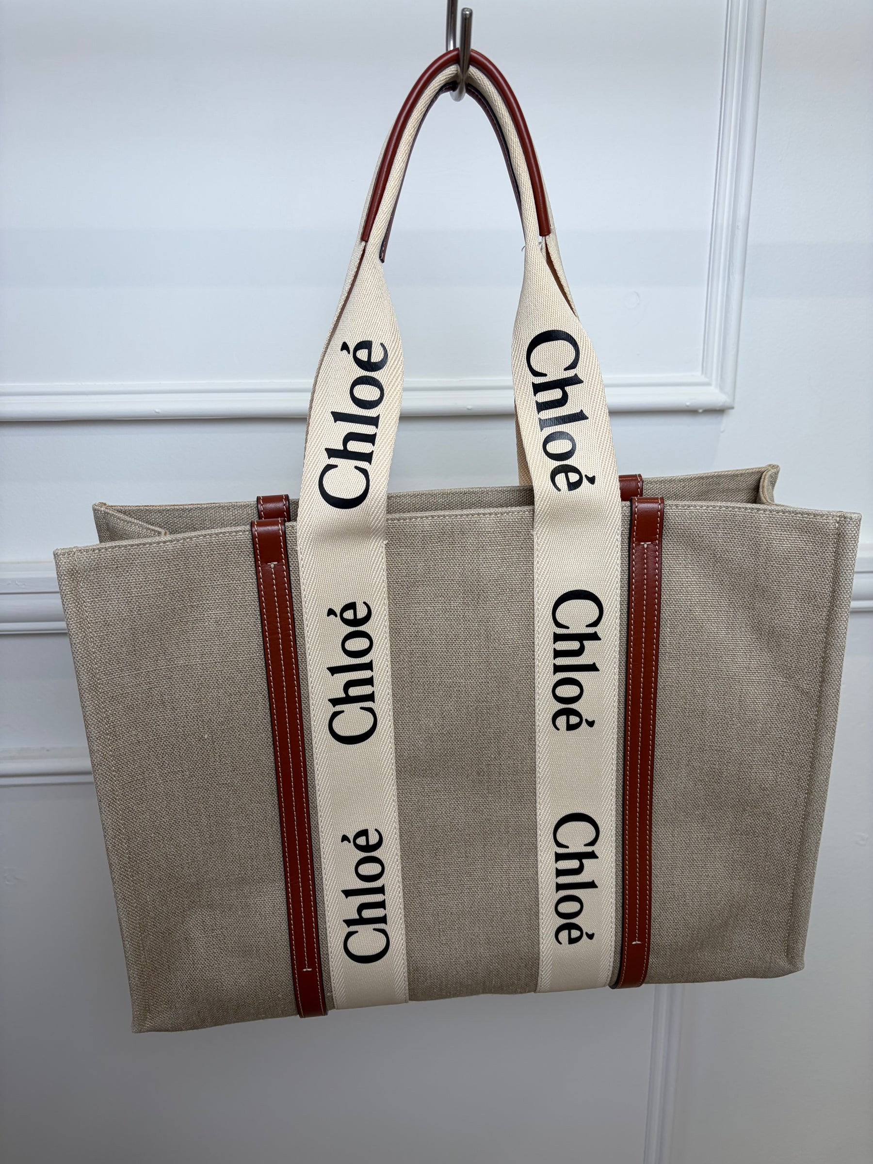 Chloé Canvas and Tan Leather Logo Woody Tote