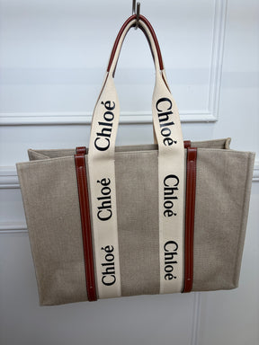 Chloé Canvas and Tan Leather Logo Woody Tote