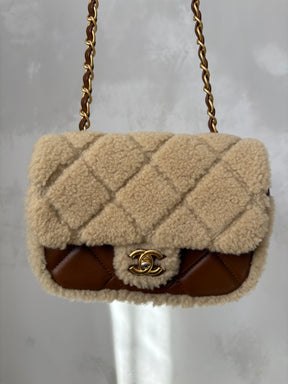 Chanel Mini Shearling Flap Bag Lambskin Dark Brown GHW