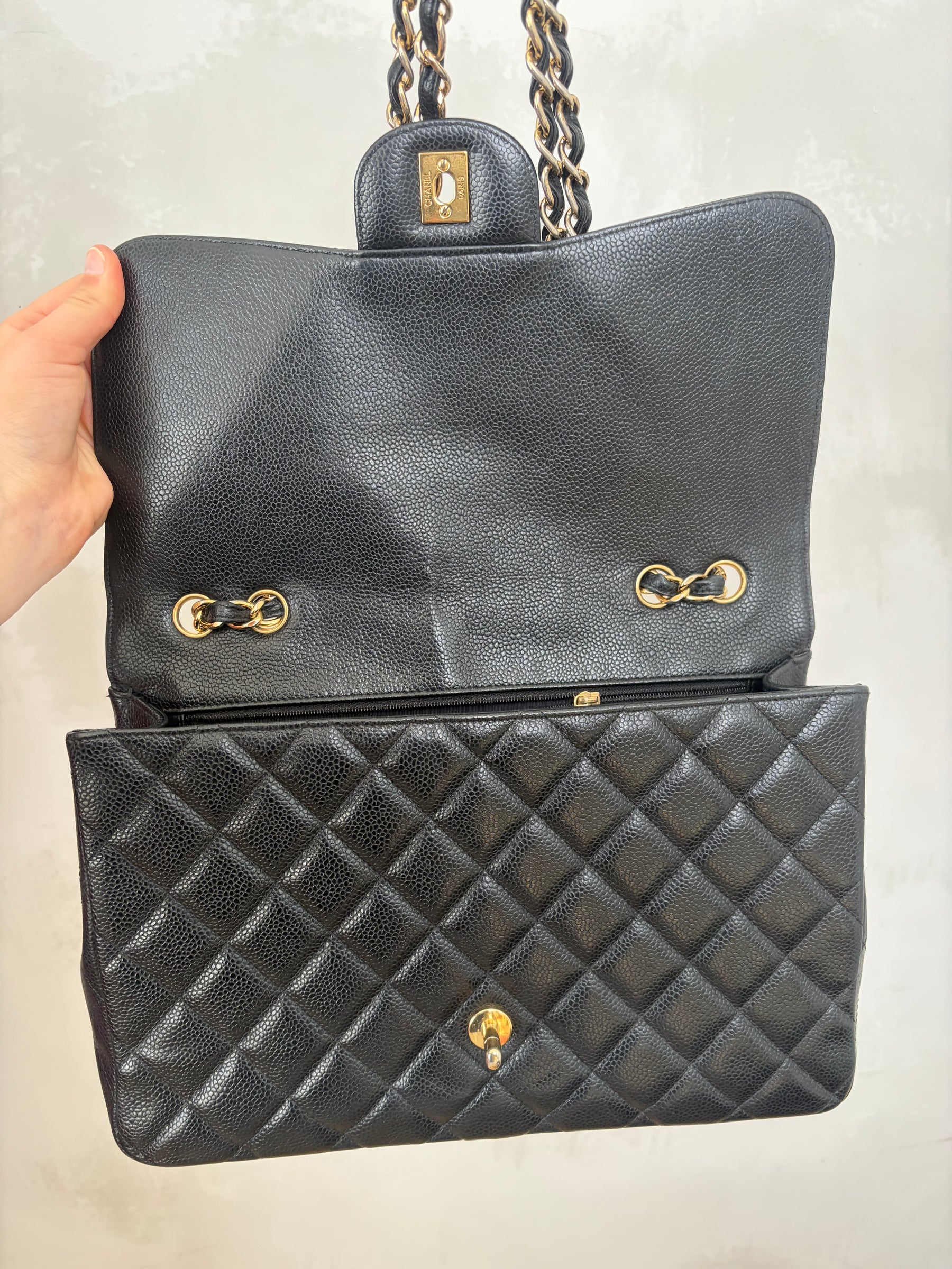 Chanel Black Caviar Leather Jumbo Flap Bag with Gold Hardware