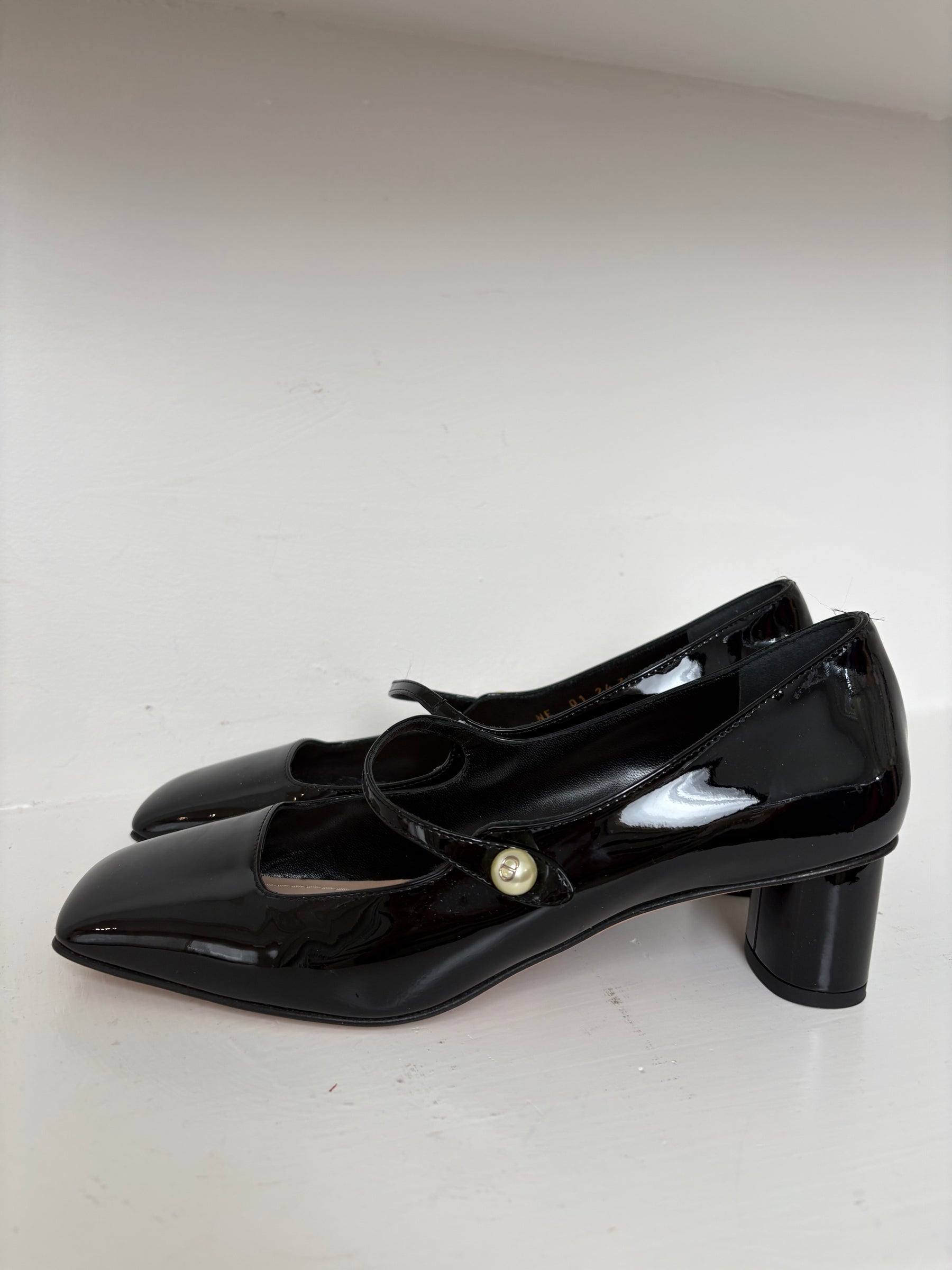 Dior Black Patent Leather Pearl Mary Jane's, 38