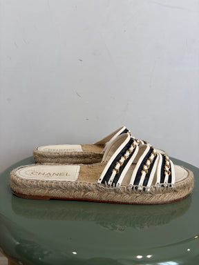 Chanel Black and White Leather Chain Espadrille Slides, 39 C