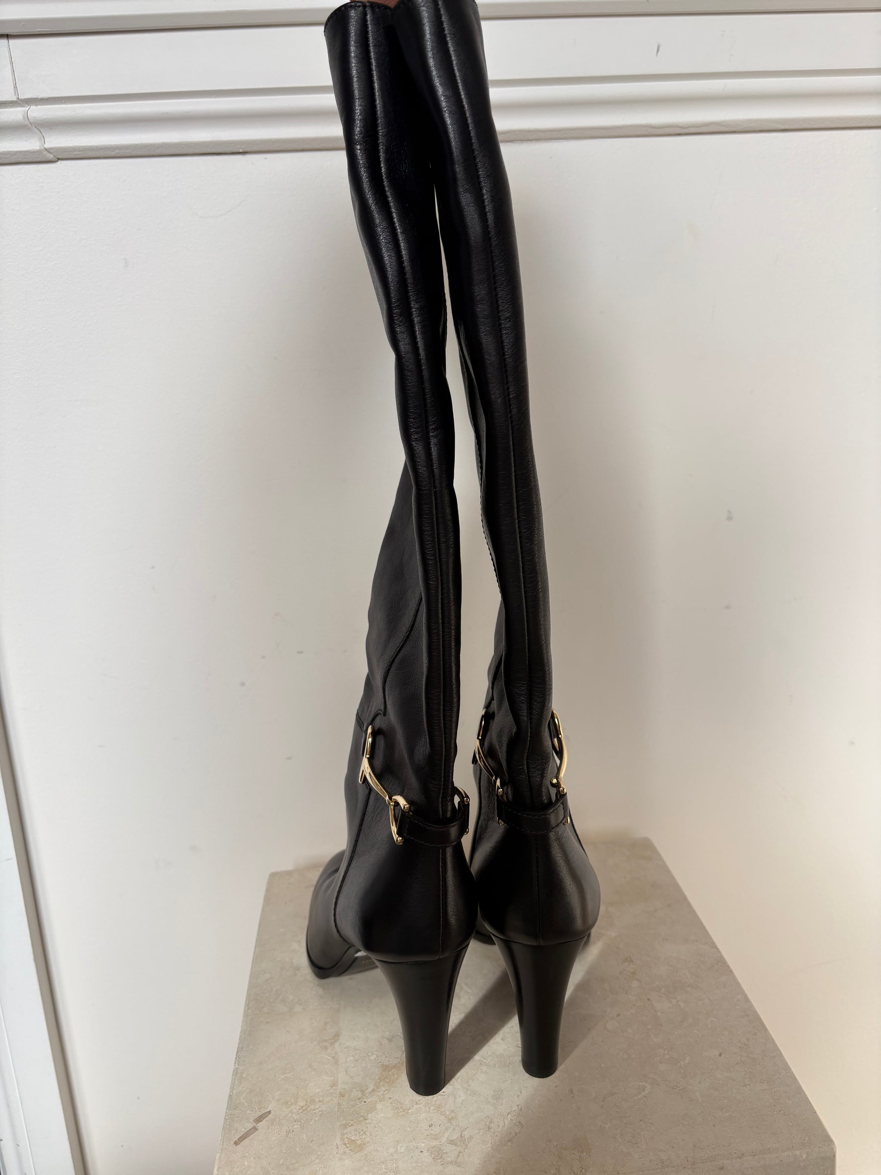 Celine Black Leather Horsebit Heeled Knee High Boot, 41