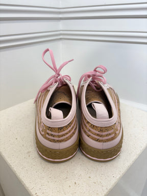 Chanel Cork Denim And Pink Leather Lace Up Flats, 39.5