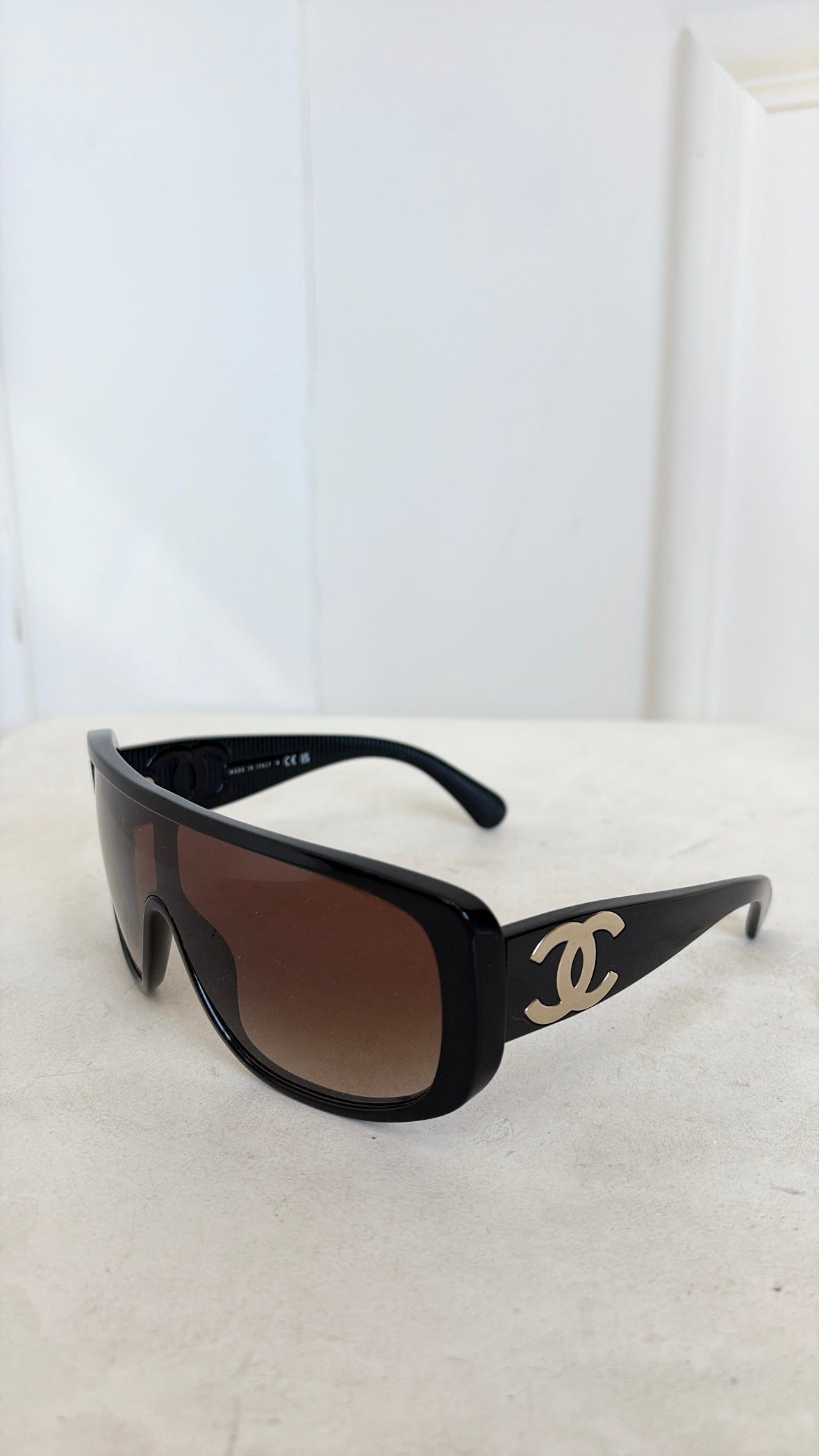 Chanel Black Ski Shield Logo Sunglasses