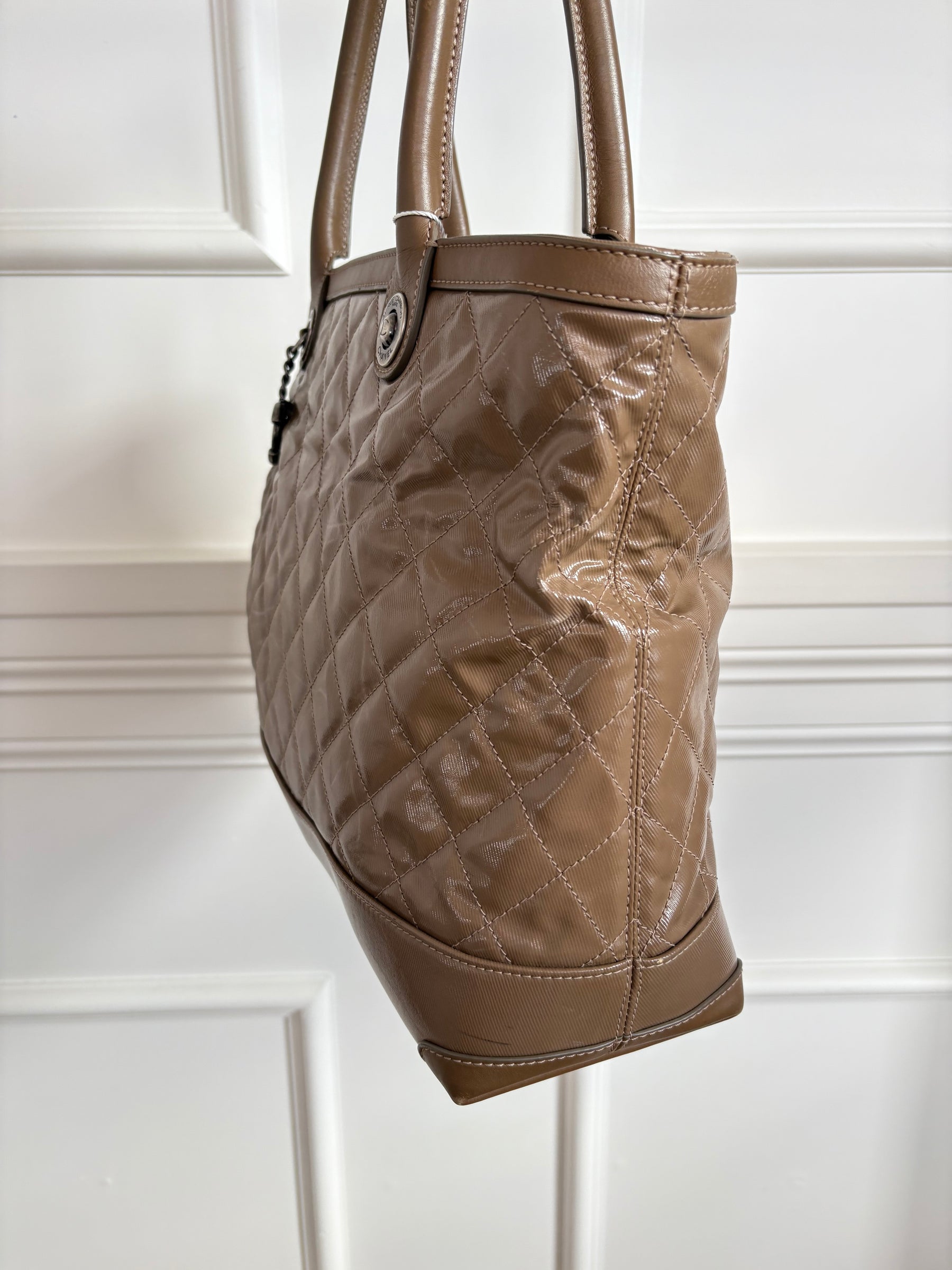 Chanel Taupe Quilted Coated Canvas Shoulder Tote