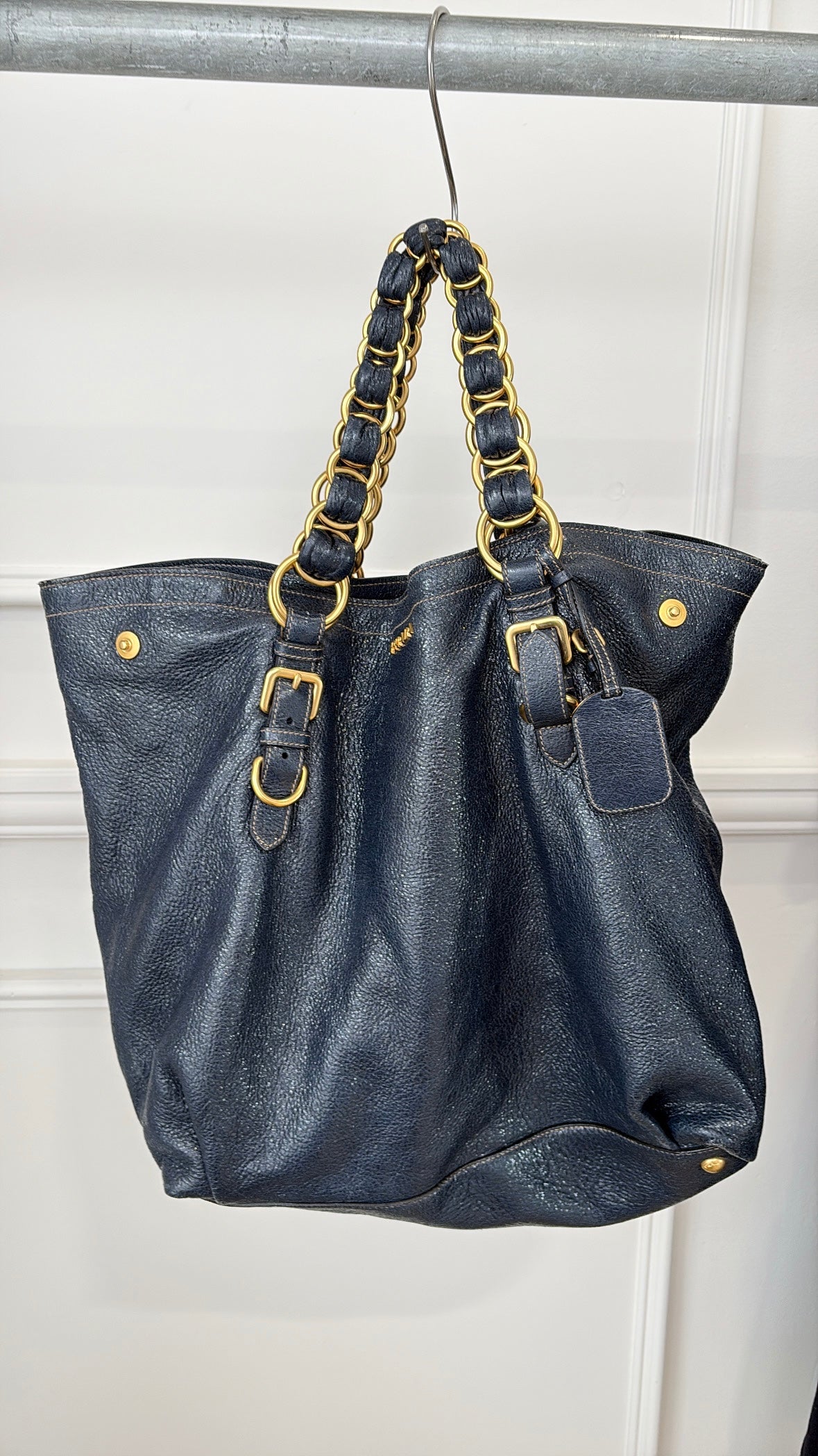 Prada Navy Craquele Cervo Lux Chain Tote Bag