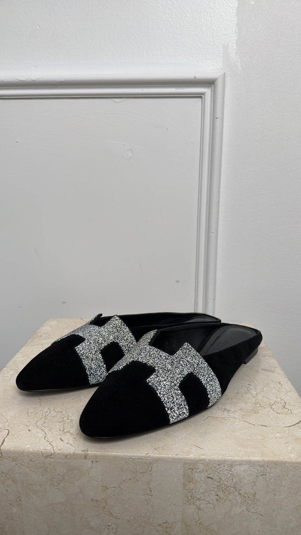 Hermès Black Suede and Glitter Roxanne Mules