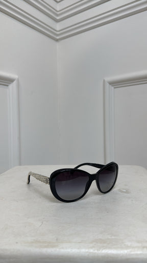 Chanel Black Round Tweed Arm Sunglasses