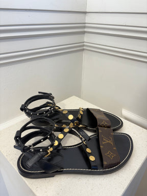 Louis Vuitton Canvas Monogram and Black Leather Studded Sandal, 38