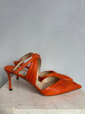 Jimmy Choo Orange Gathered Leather Ankle Strap Pointed Heels, 40