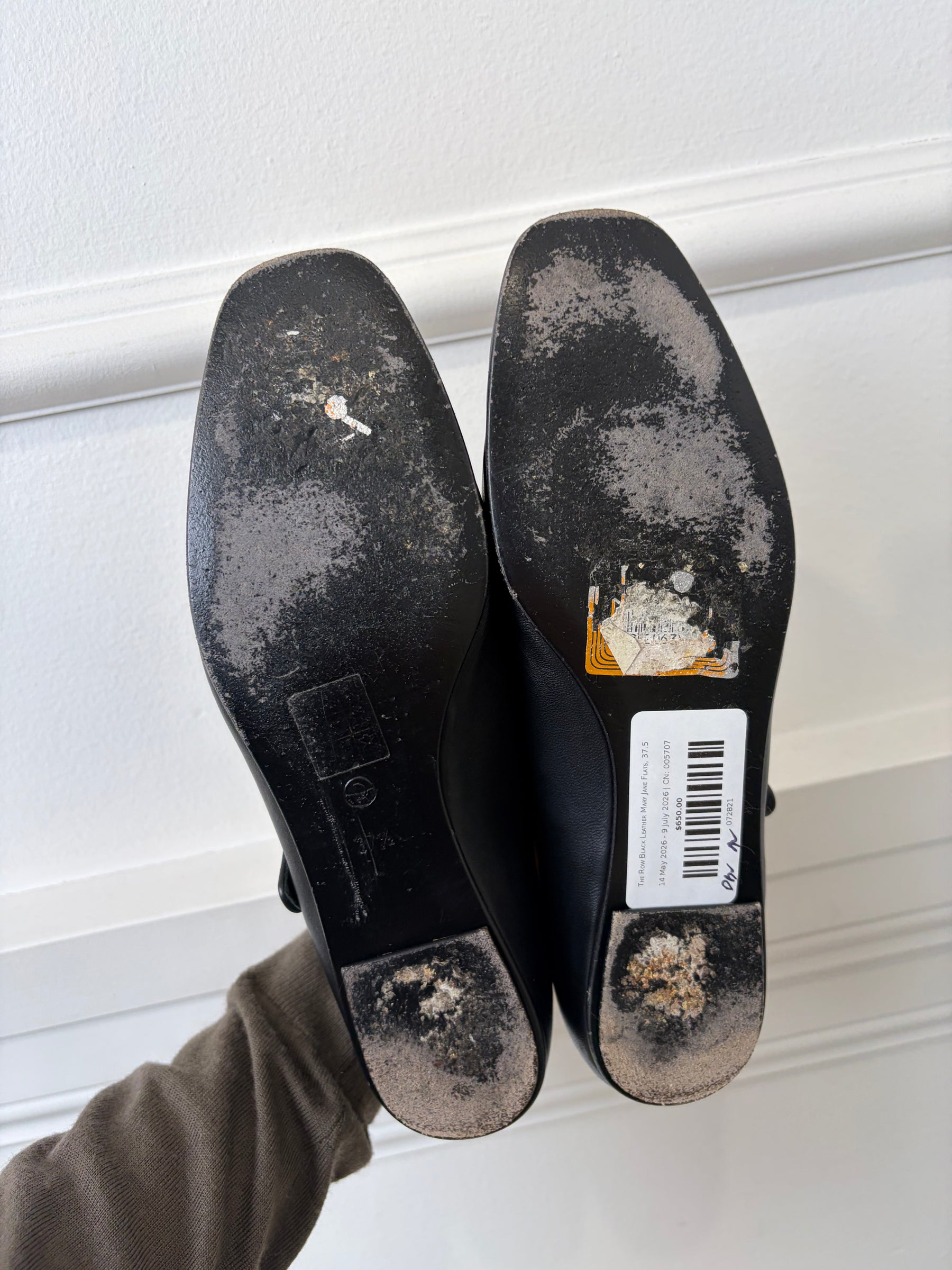 The Row Black Leather Mary Jane Flats, 37.5