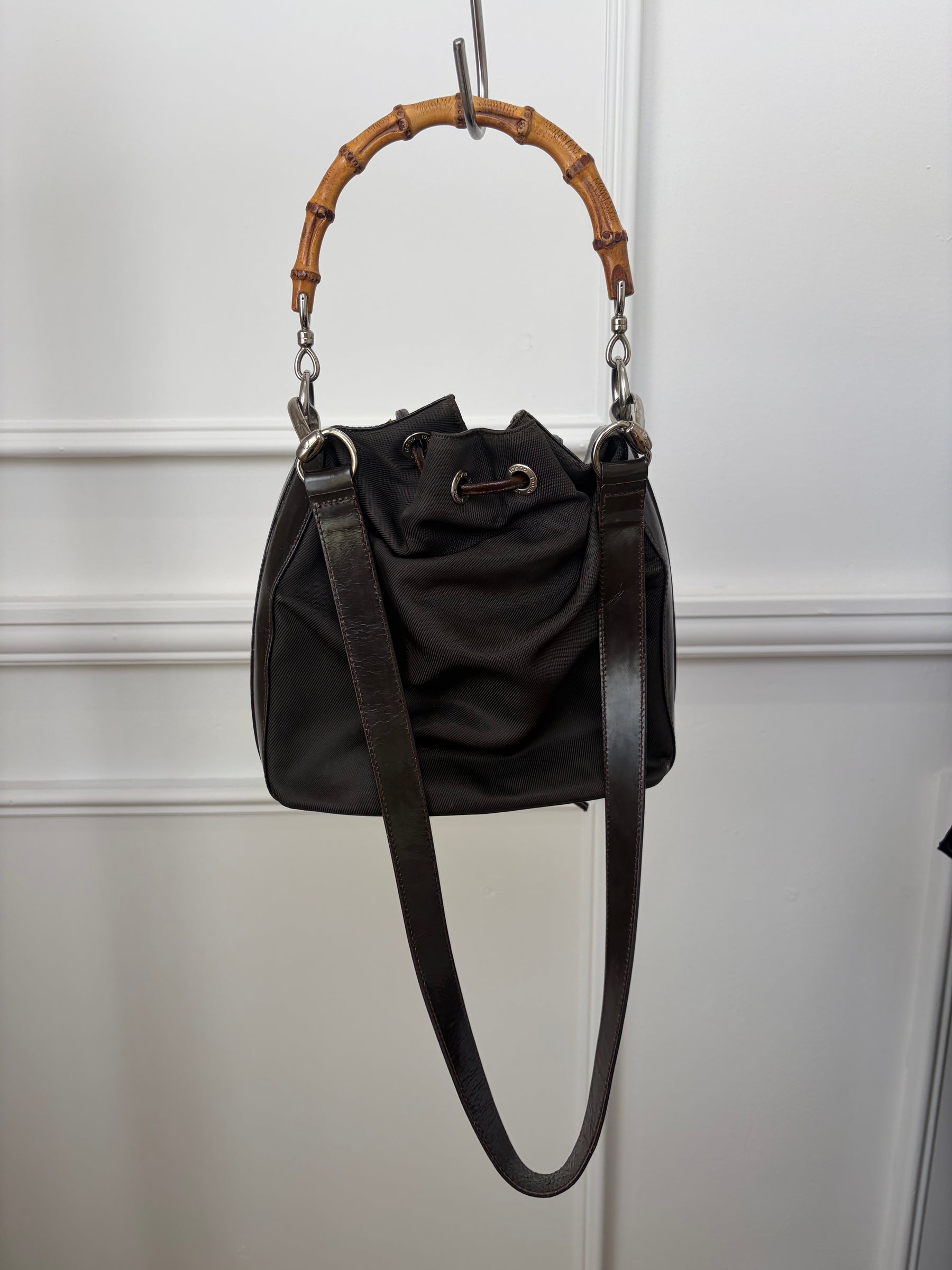 Gucci Vintage Bamboo Nylong Leather Bucket Bag, 8 AU