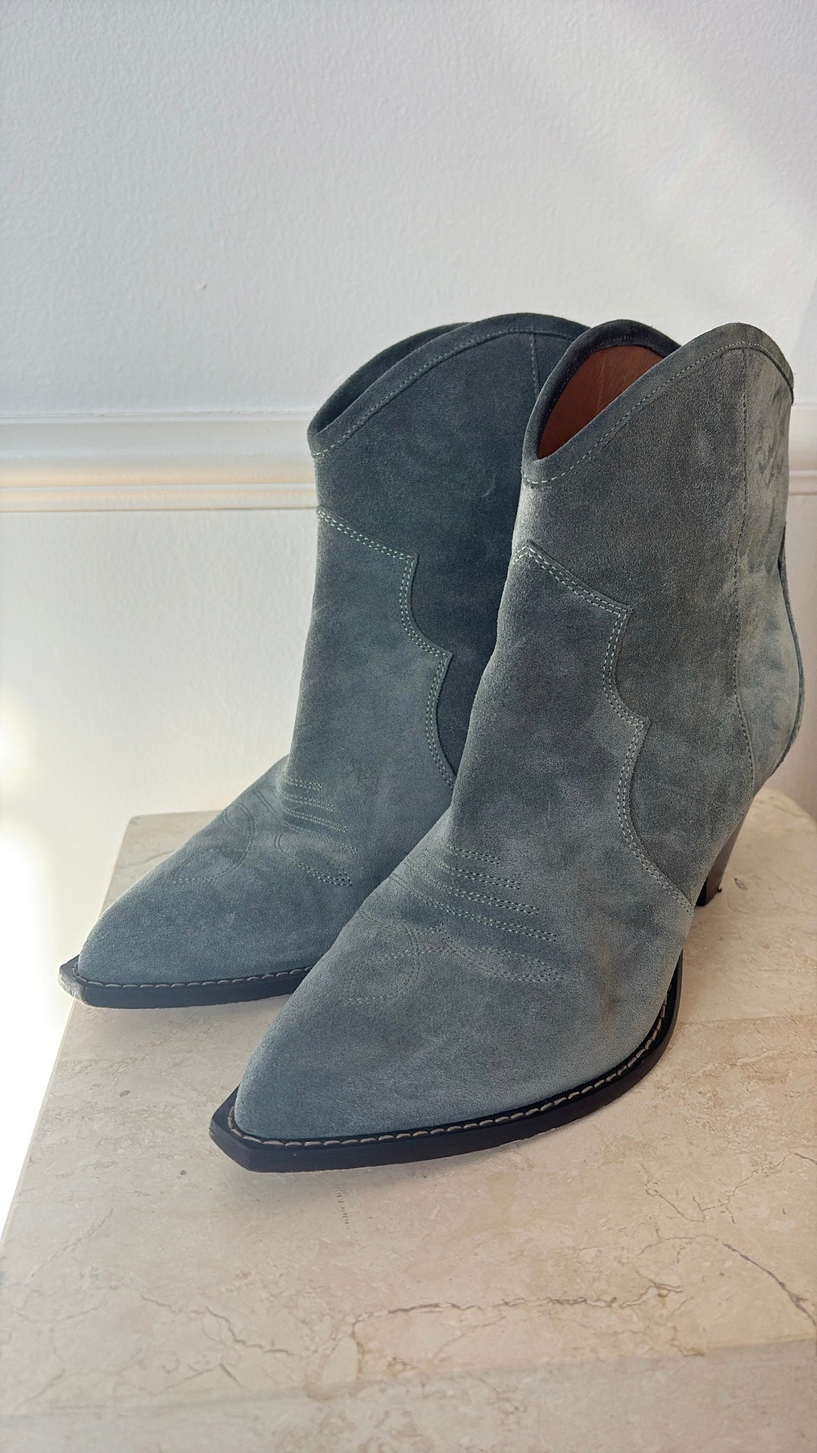 Isabel Marant Steel Blue Suede Western Ankle Boot, 40