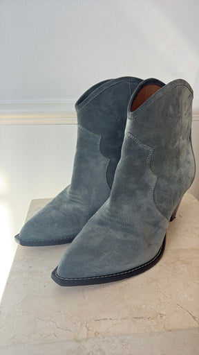 Isabel Marant Steel Blue Suede Western Ankle Boot, 40