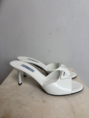 Prada White Leather Symbole Heeled Mules, 38.5