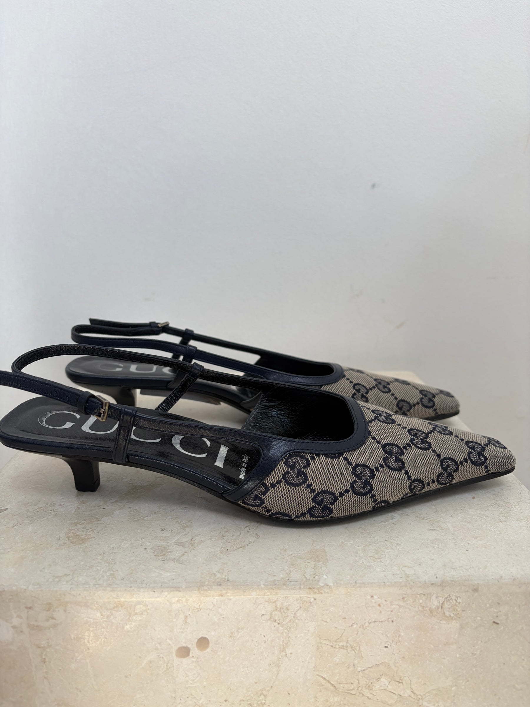 Gucci Navy and Beige Monogram Slingbacks, 38