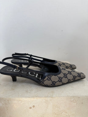 Gucci Navy and Beige Monogram Slingbacks, 38
