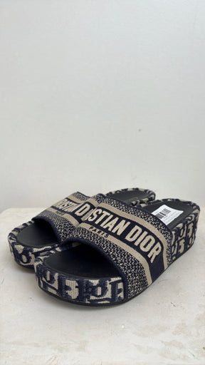 Dior Navy Oblique Logo Platform Slides, 37