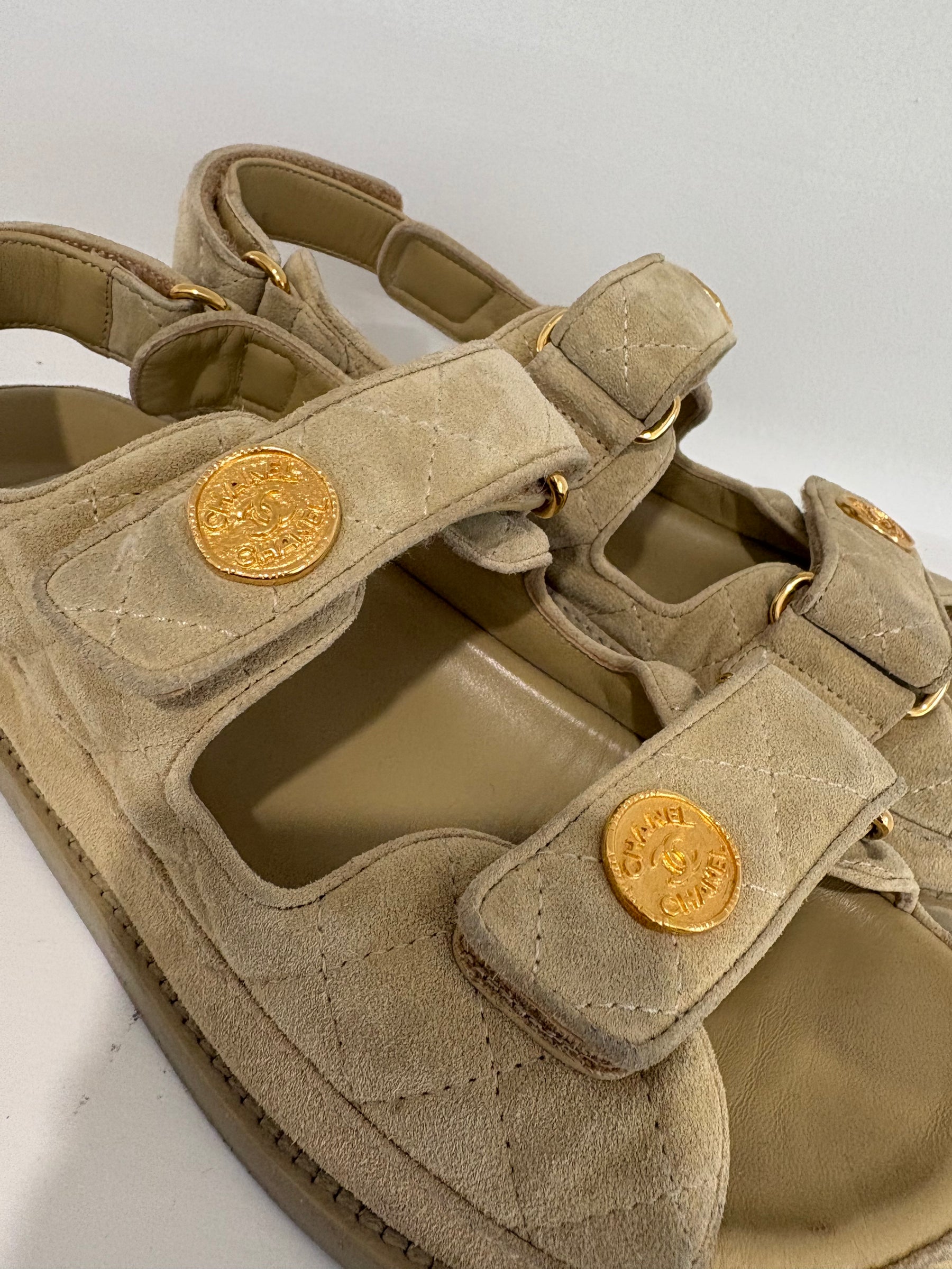 Chanel Suede Dad Sandal In Tan, 37C