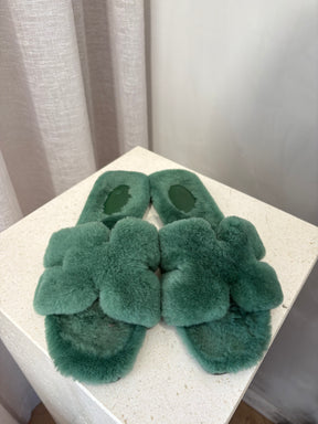 Hermès Vert Anglais Shearling Oran Sandals, 39