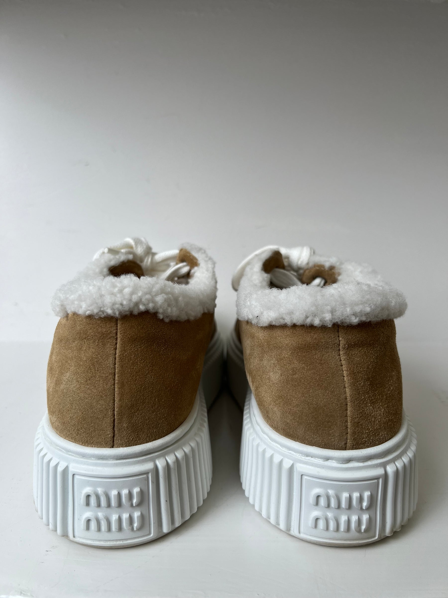 Miu Miu Tan Suede Shearling Lined Sneaker, 37.5