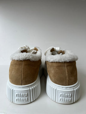 Miu Miu Tan Suede Shearling Lined Sneaker, 37.5
