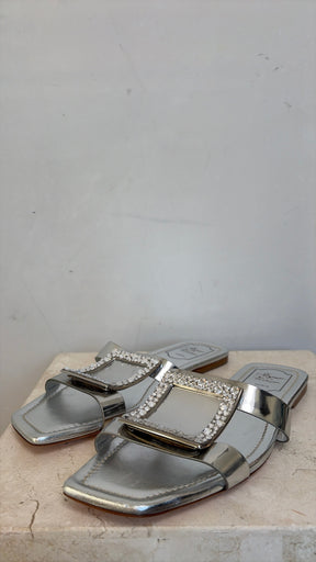 Roger Vivier Silver Leather and Crystal Slides, 40