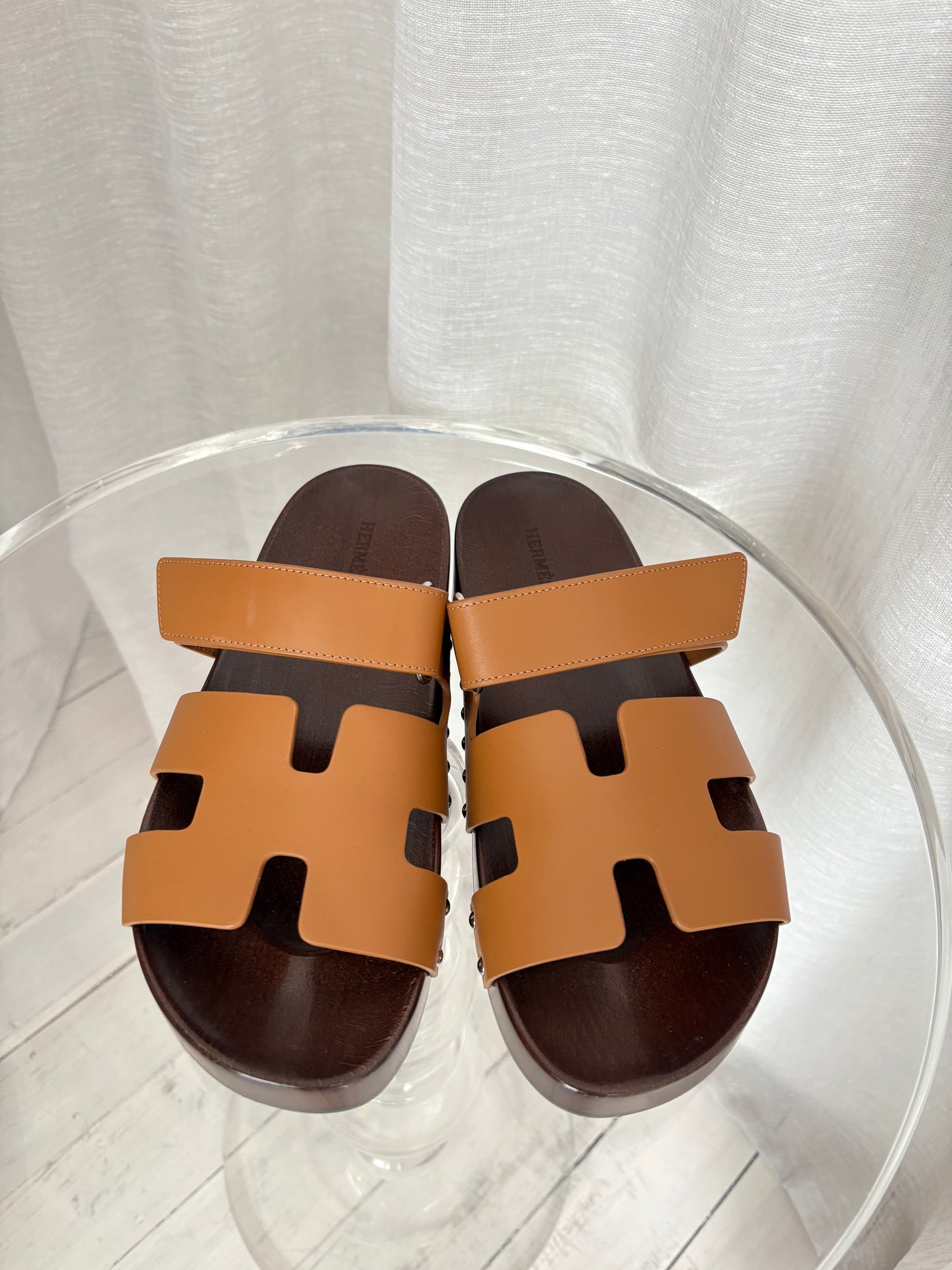 Hermès 'Naturel' Leather Wooden Kos Clogs, 40