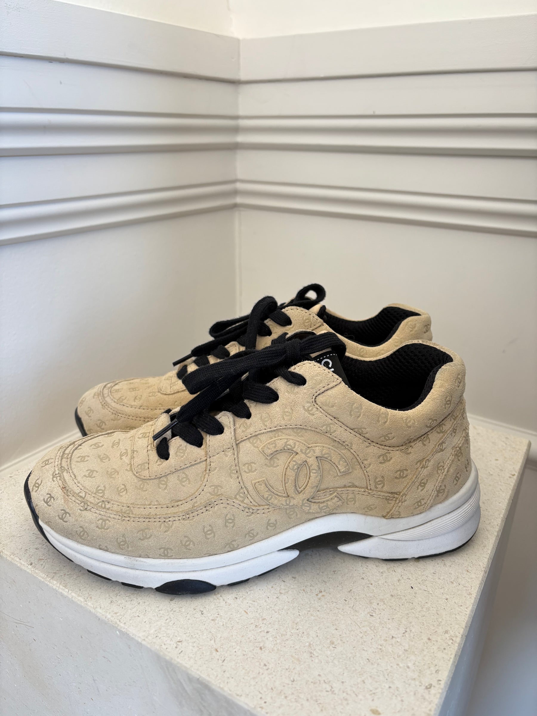 Chanel Beige Suede Logo Embossed Trainers, 38