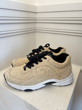 Chanel Beige Suede Logo Embossed Trainers, 38