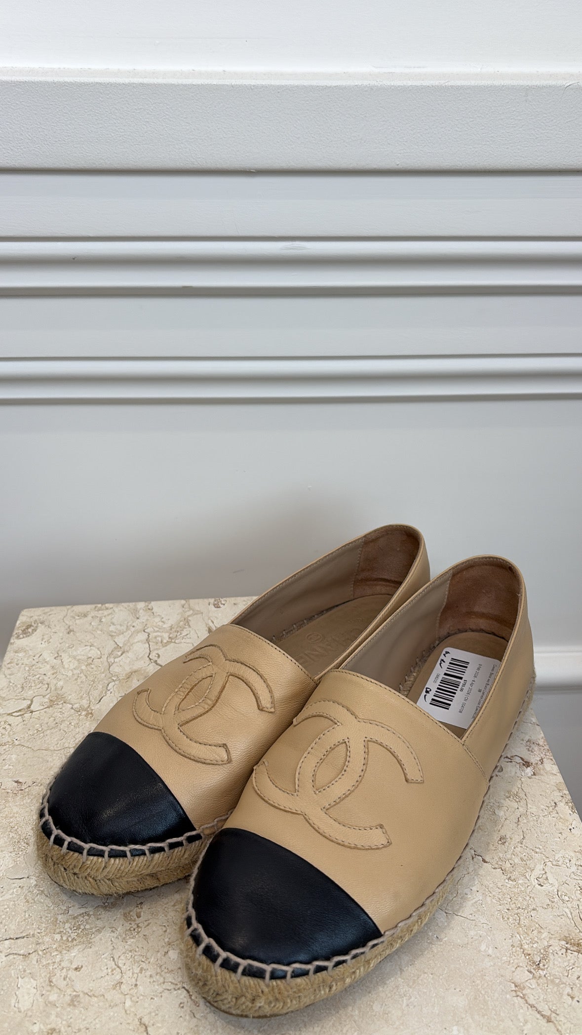 Chanel Beige and Black Leather Logo Espadrilles, 38