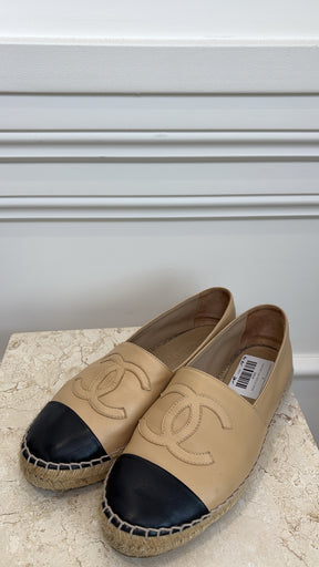 Chanel Beige and Black Leather Logo Espadrilles, 38