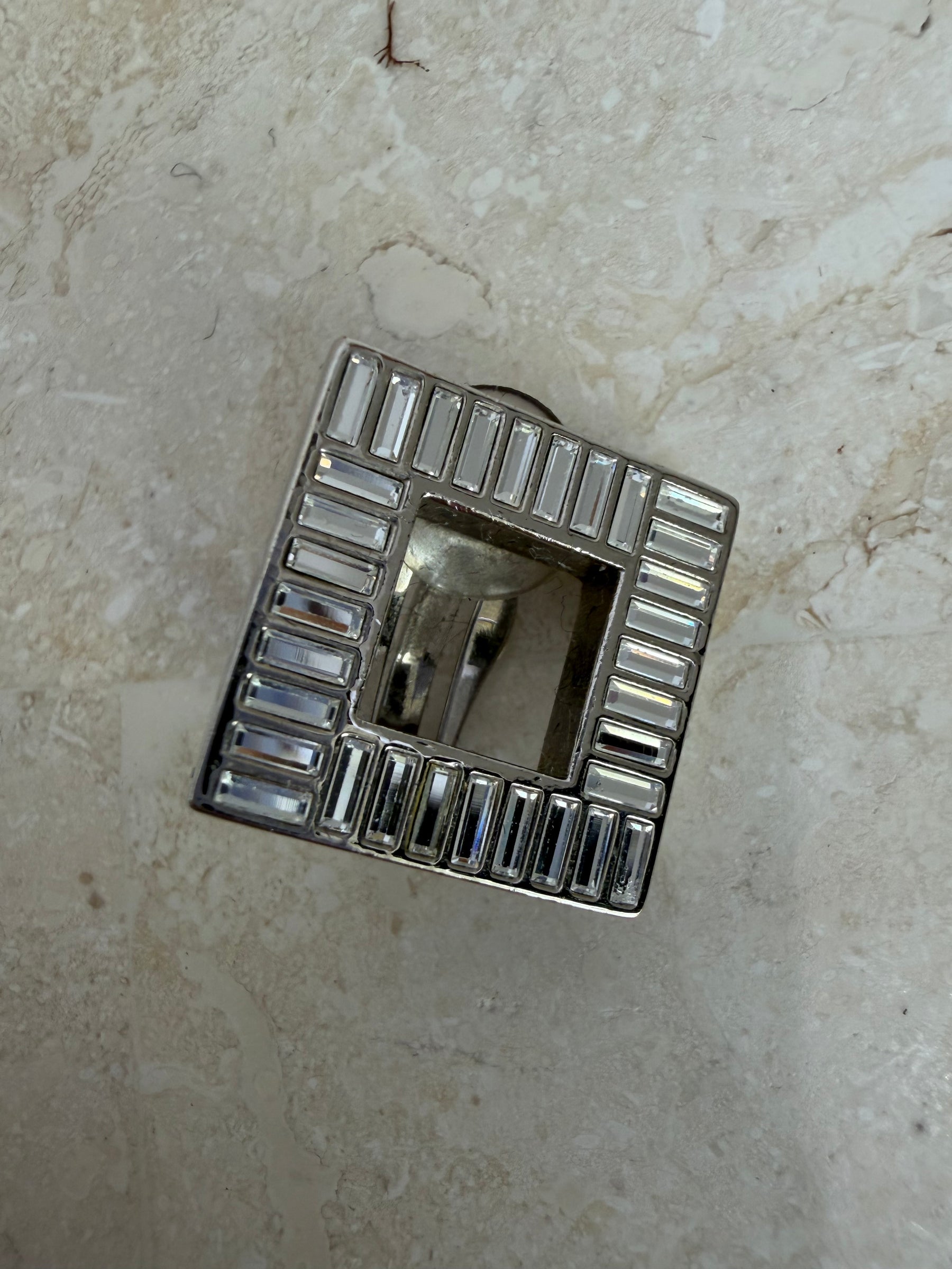 Saint Laurent Silver Crystal Square Clip on Earrings