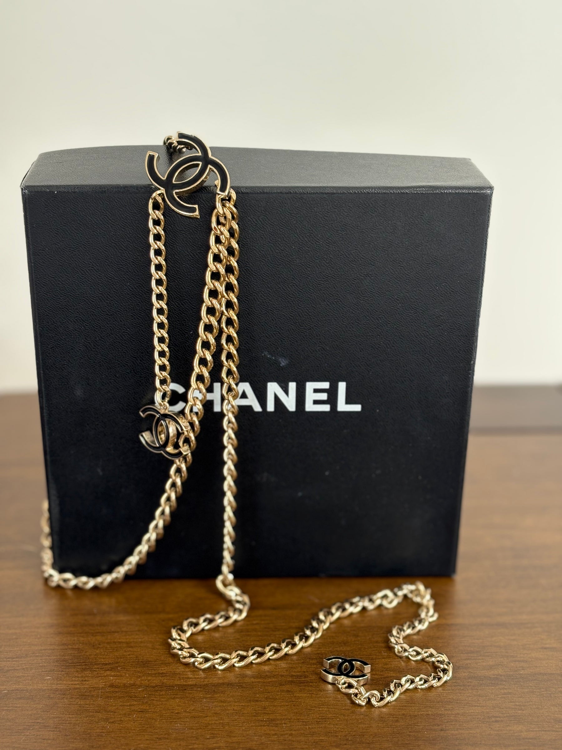 Chanel Gold Tone Chain and Black Enamel Logo Belt
