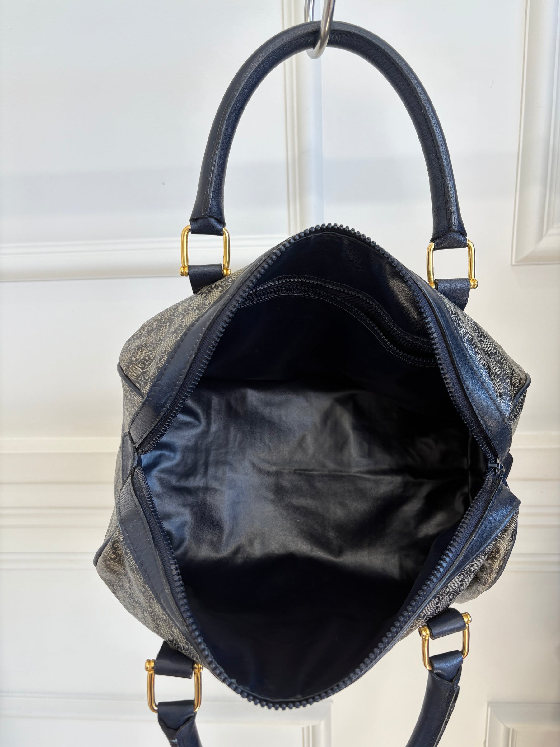 Celine Navy Coated Canvas Triomphe Boston Bag