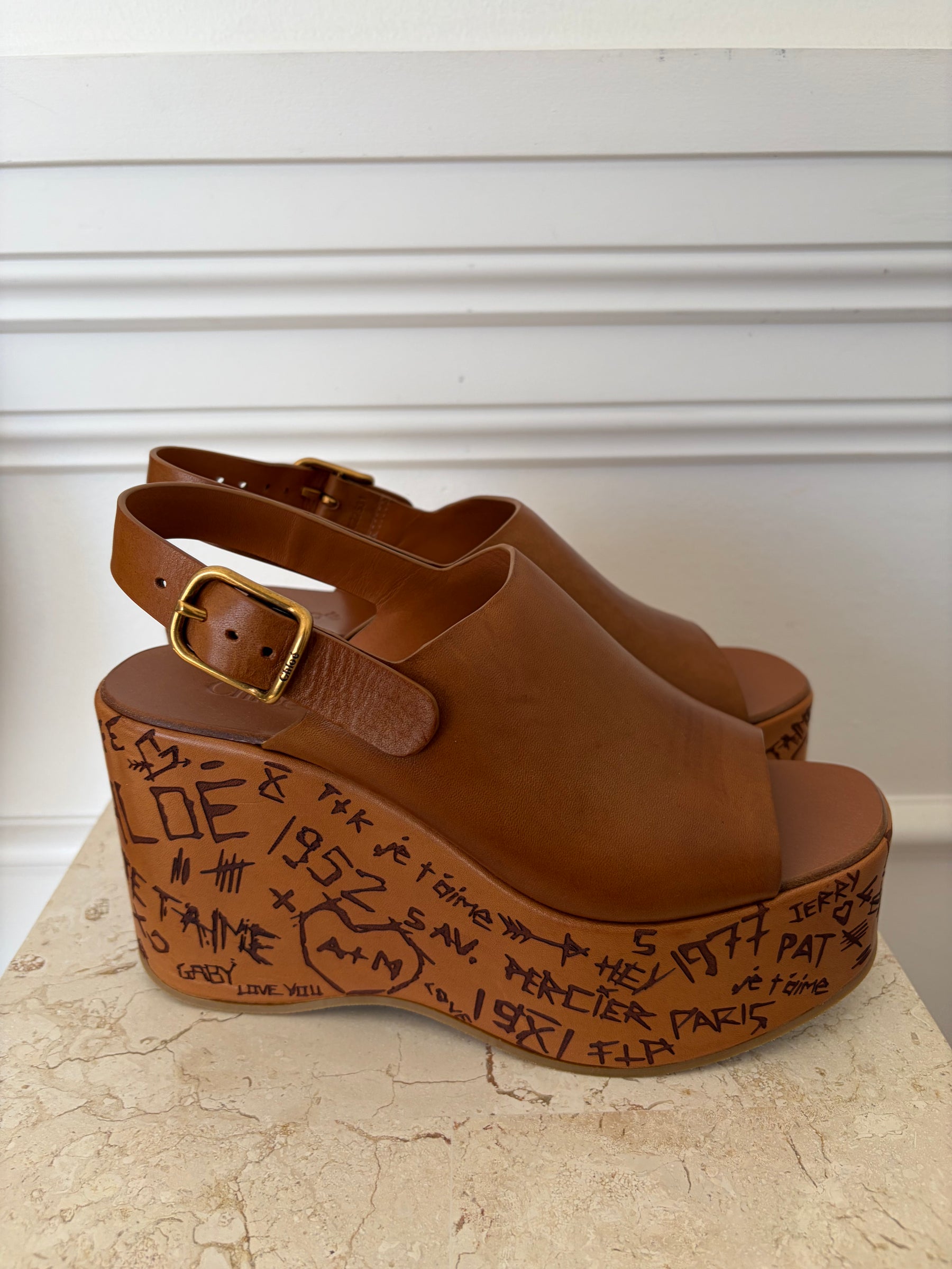 Chloé Maxime Leather Platform Sandals Brown, 38