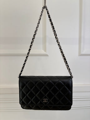 Chanel Black Quilted Wallet On Chain Silver Hardware