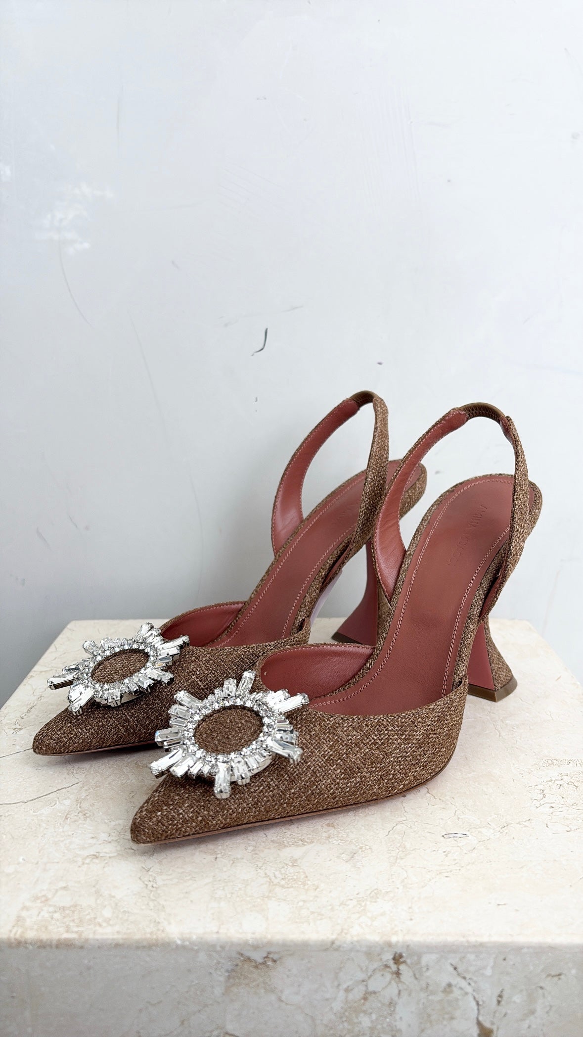 Amina Muaddi Brown Canvas Crystal Begum Slingback Pump, 39