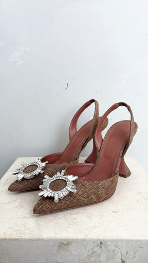 Amina Muaddi Brown Canvas Crystal Begum Slingback Pump, 39