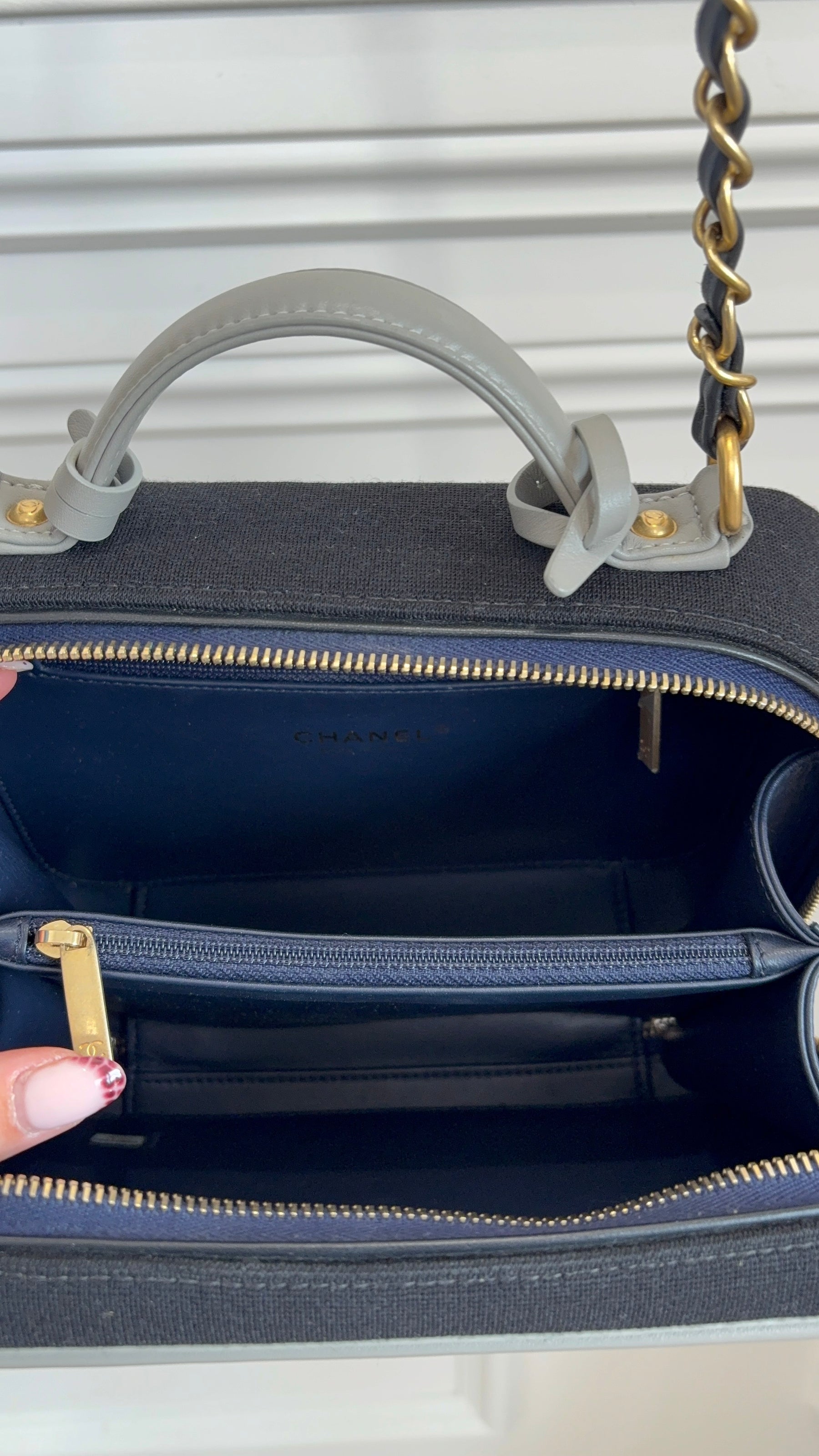 Chanel Black and Navy Jersey and Grey Leather Vanity Bag