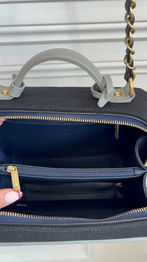 Chanel Black and Navy Jersey and Grey Leather Vanity Bag