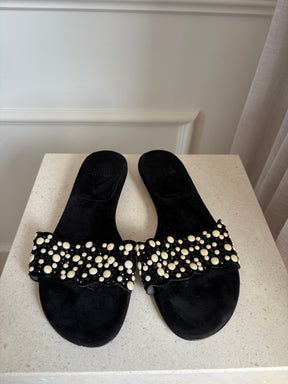 Stuart Weitzman Black Suede Crystal Slides, 38