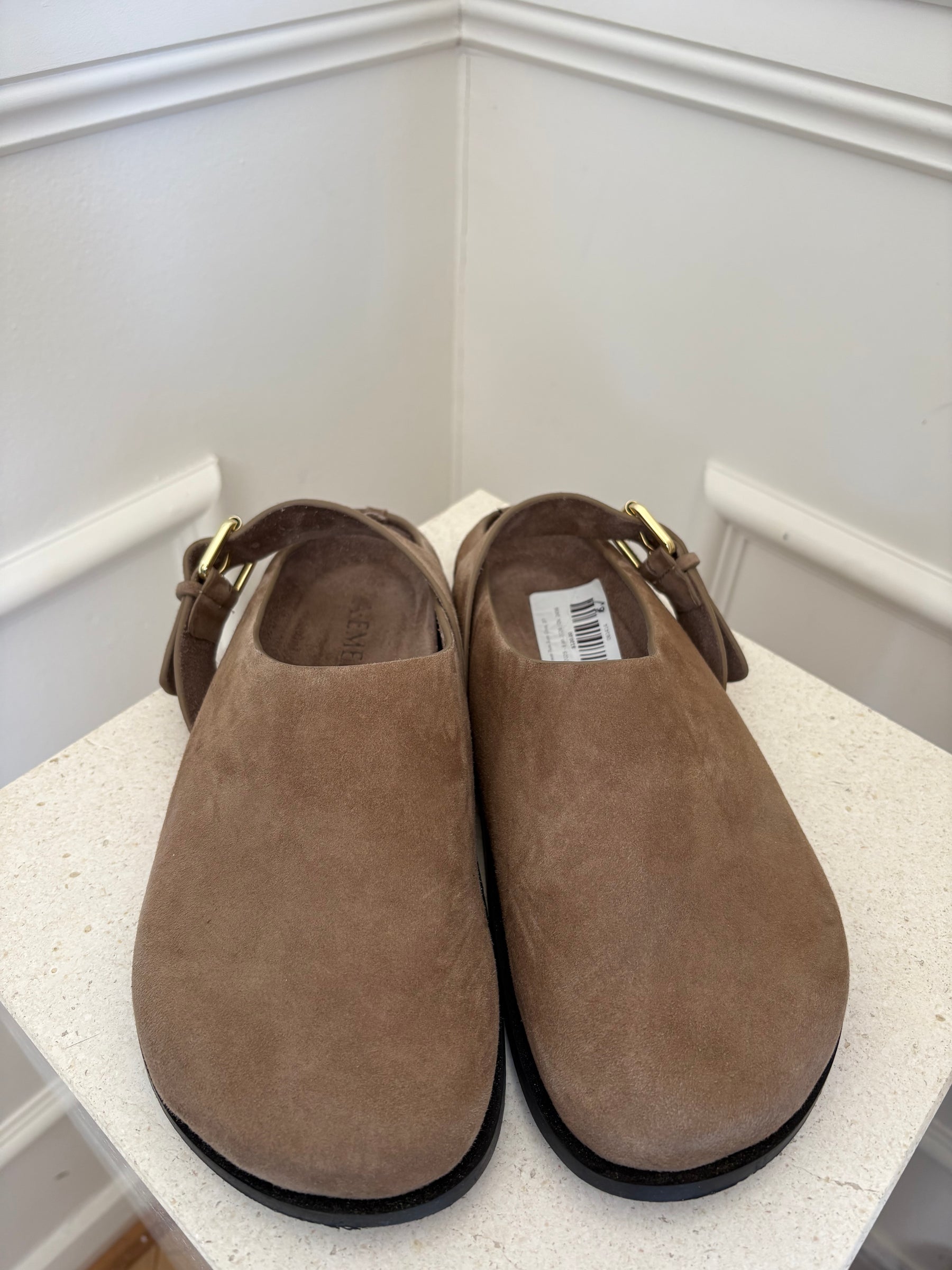 a.emery Taupe Suede Clogs, 37
