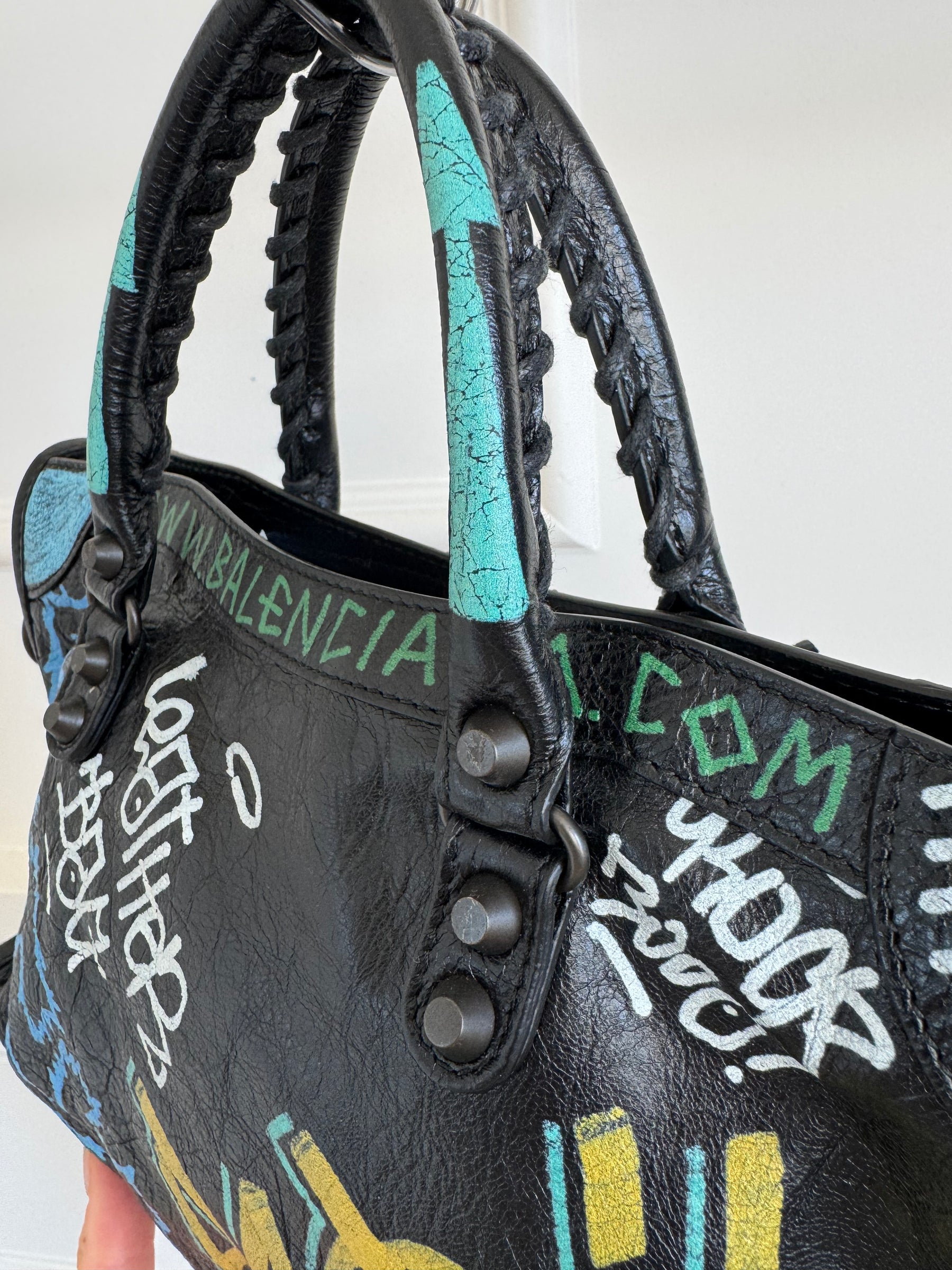 Balenciaga Black Crinkled Leather Graffiti Print City Bag